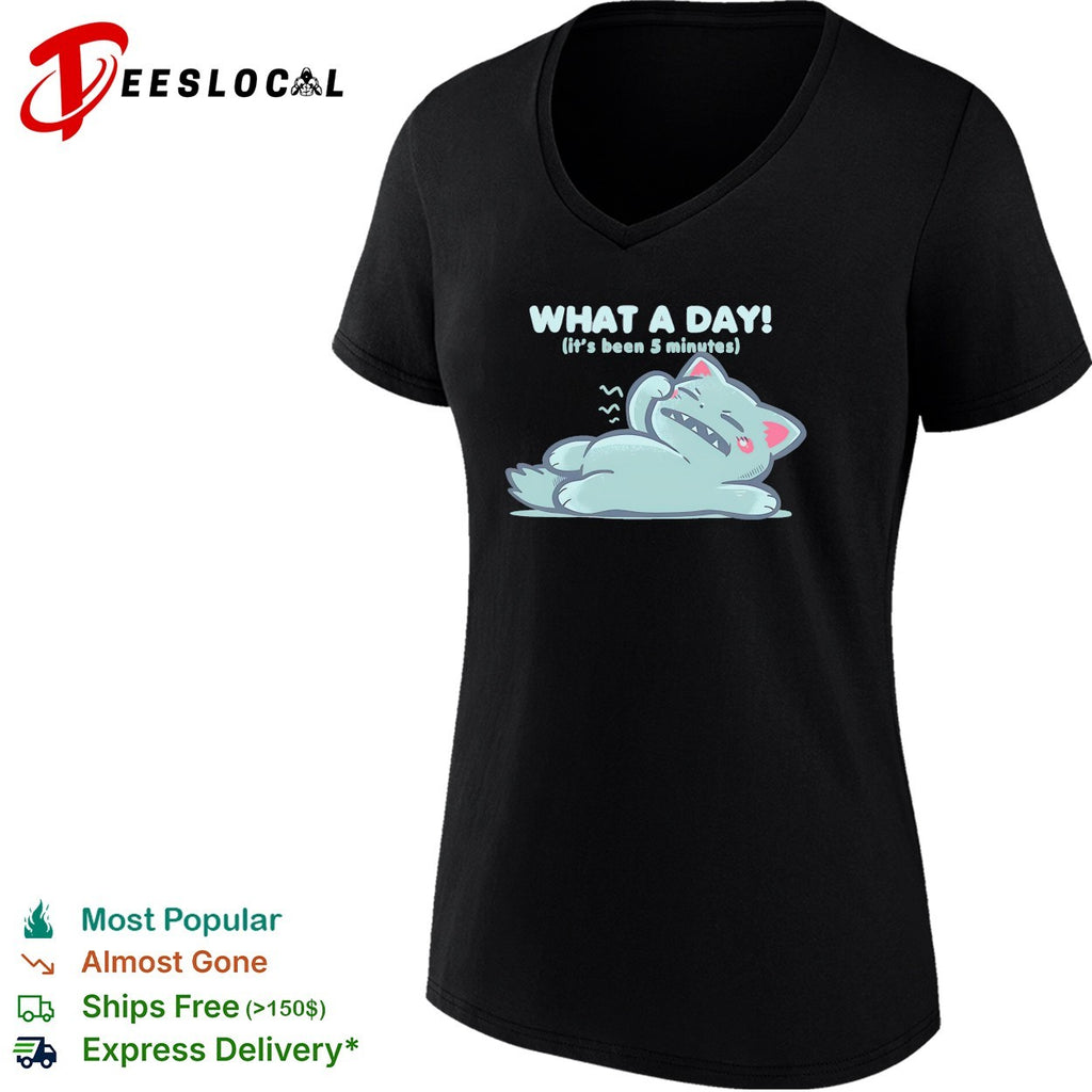 Exhausted cartoon cat lying down what a day it’s been 5 minutes shirt