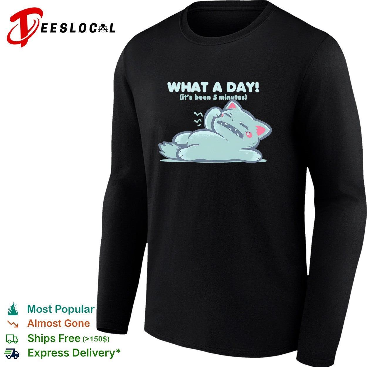 Exhausted cartoon cat lying down what a day it’s been 5 minutes shirt