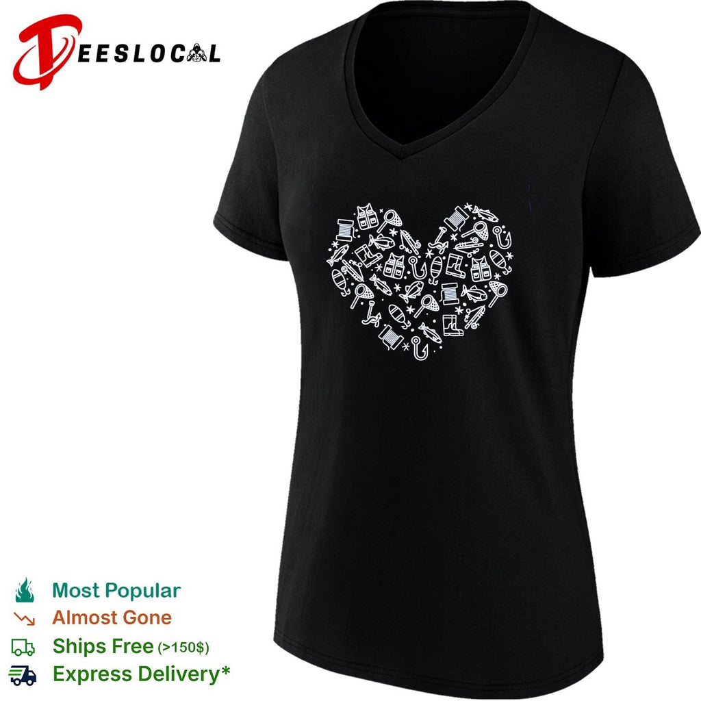 Fishing heart hook fish gear love shirt