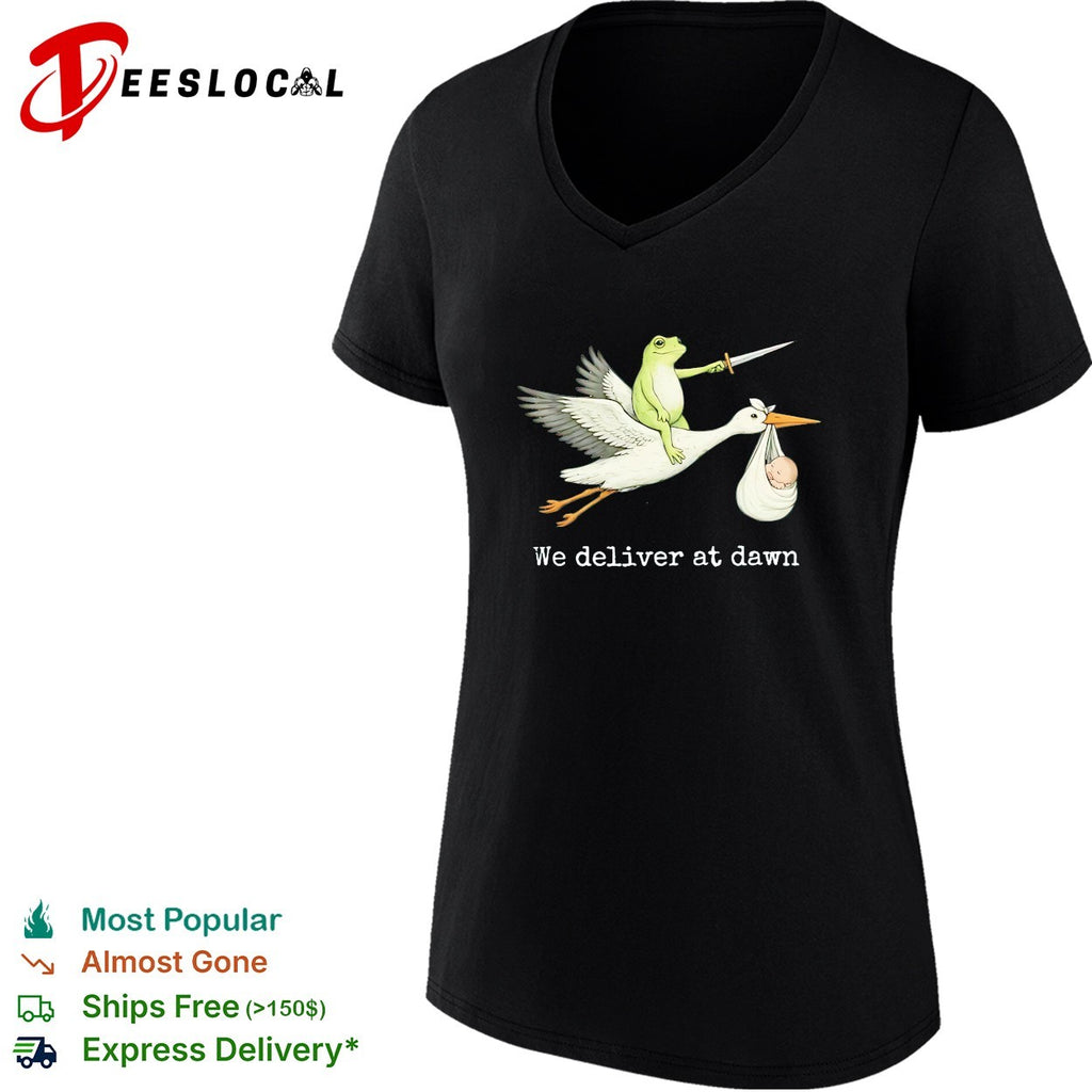 Frog riding stork holding sword we deliver at dawn shirt