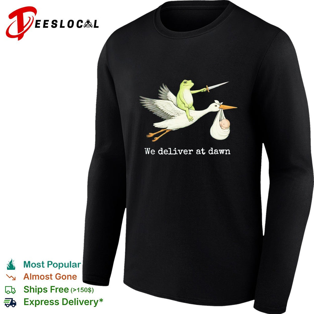 Frog riding stork holding sword we deliver at dawn shirt
