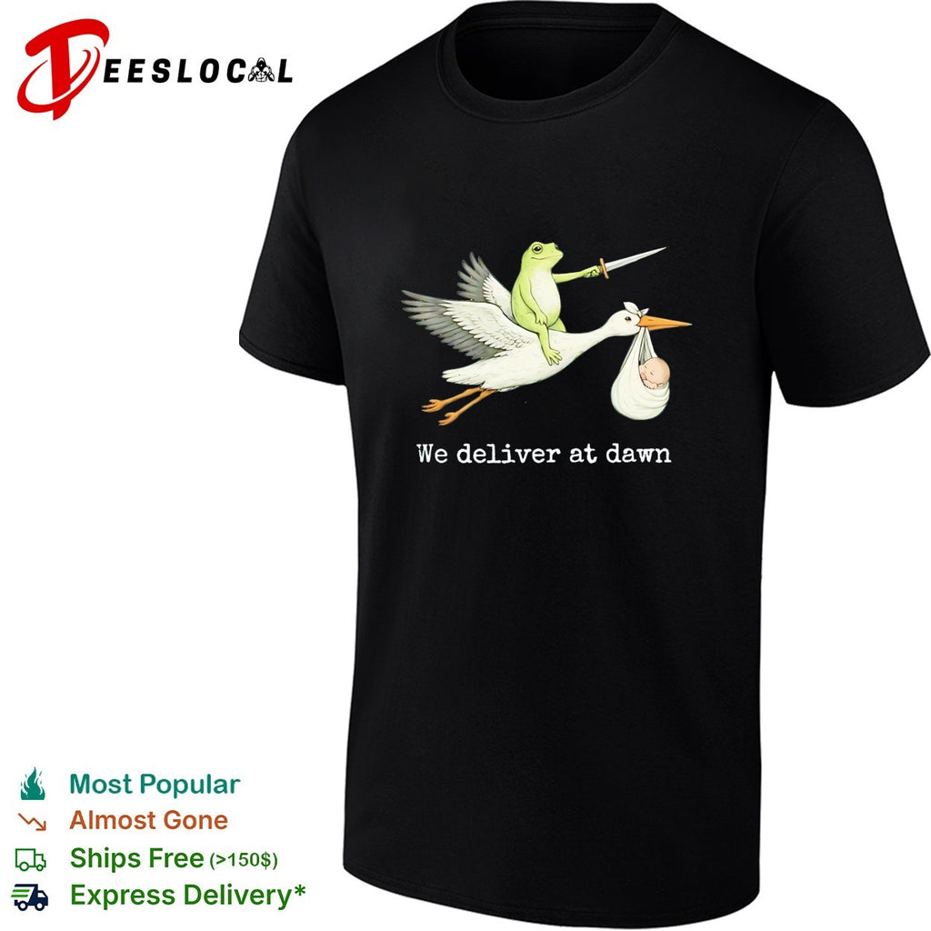 Frog riding stork holding sword we deliver at dawn shirt
