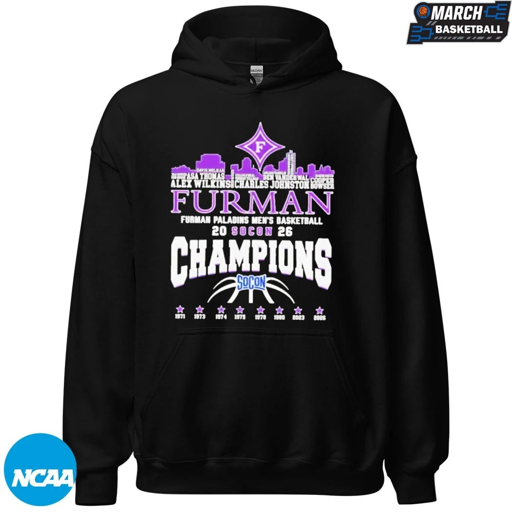 Furman Paladins Champions 2026 SoCon Men’s Basketball 8X City Skyline T-Shirt