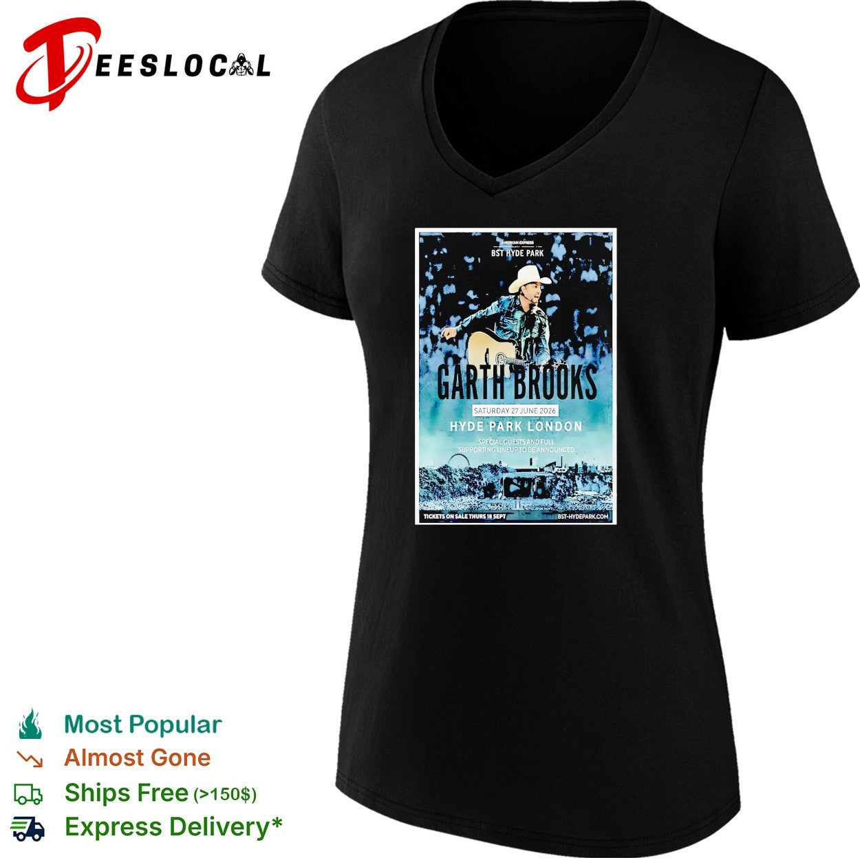 Garth Brooks wearing cowboy hat playing guitar BST Hyde Park London 2026 shirt