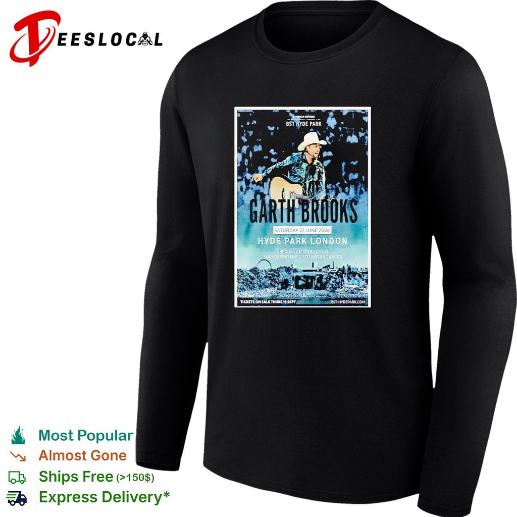 Garth Brooks wearing cowboy hat playing guitar BST Hyde Park London 2026 shirt