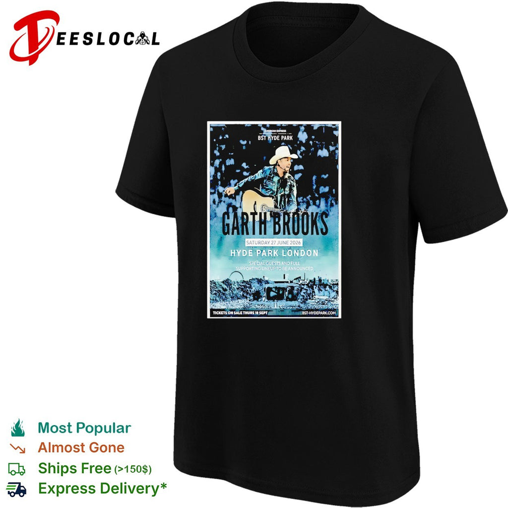 Garth Brooks wearing cowboy hat playing guitar BST Hyde Park London 2026 shirt