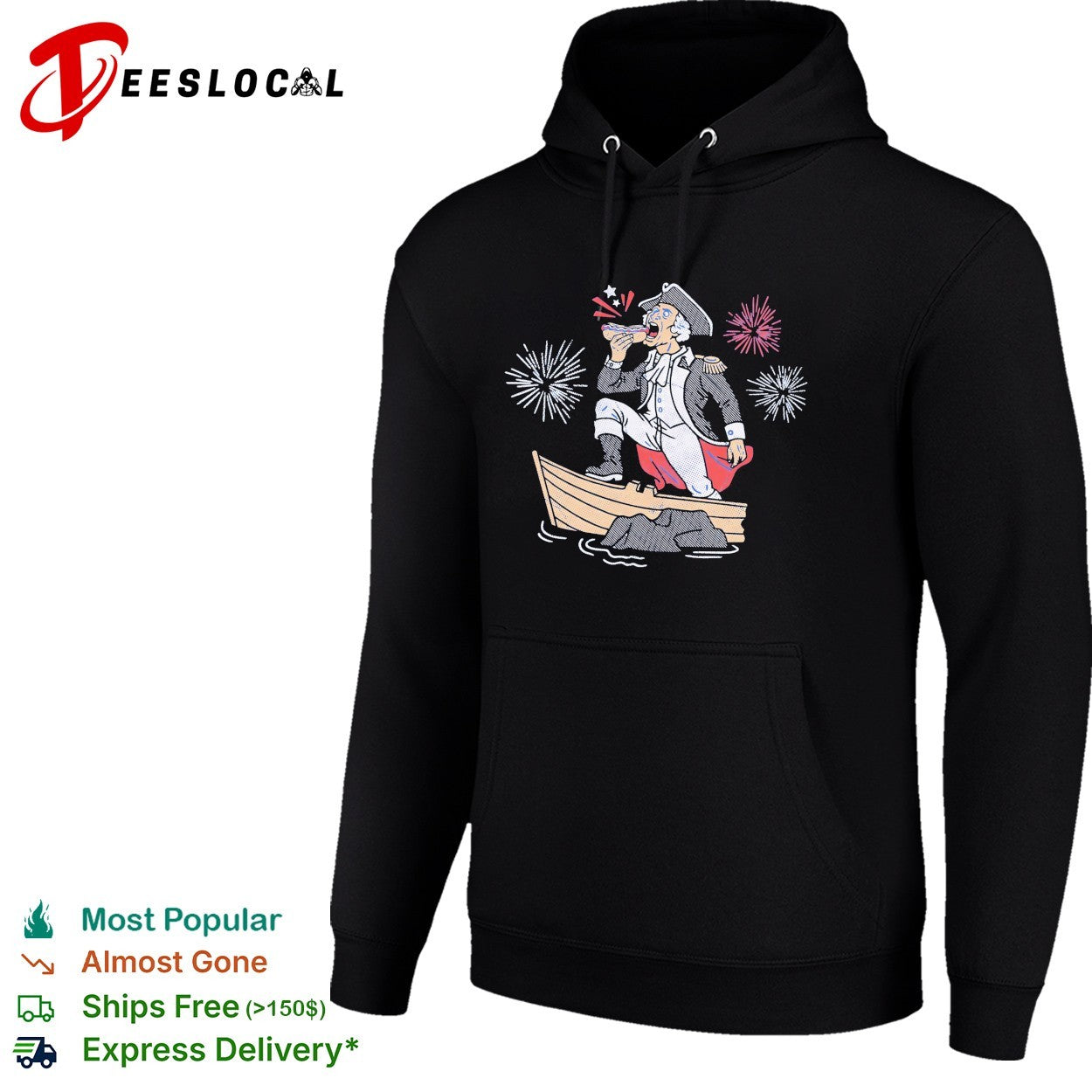 George Washington standing on boat eating hot dog fireworks shirt