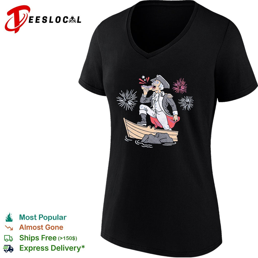 George Washington standing on boat eating hot dog fireworks shirt