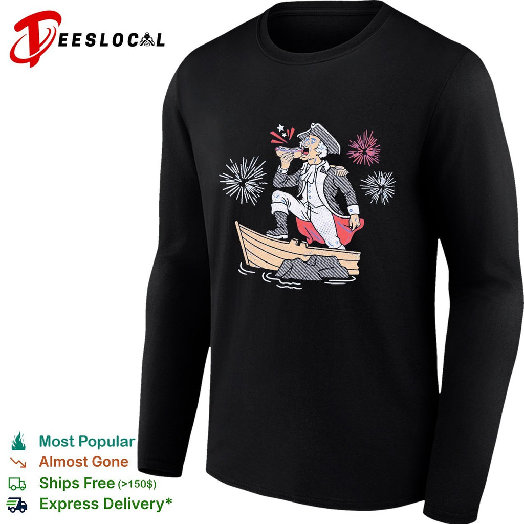 George Washington standing on boat eating hot dog fireworks shirt
