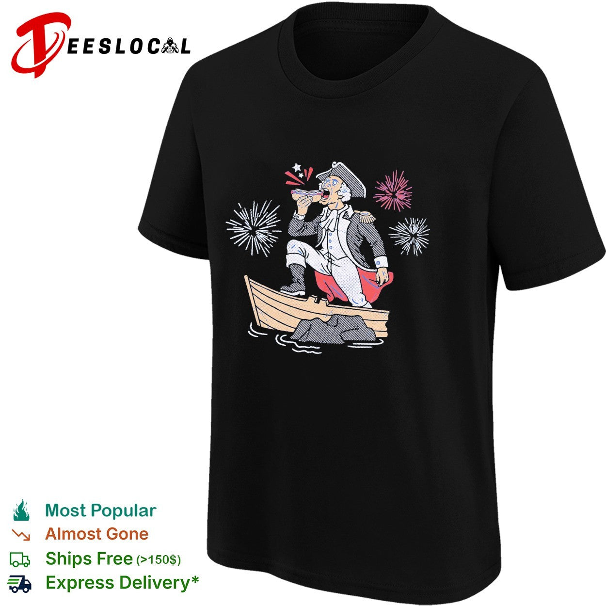 George Washington standing on boat eating hot dog fireworks shirt