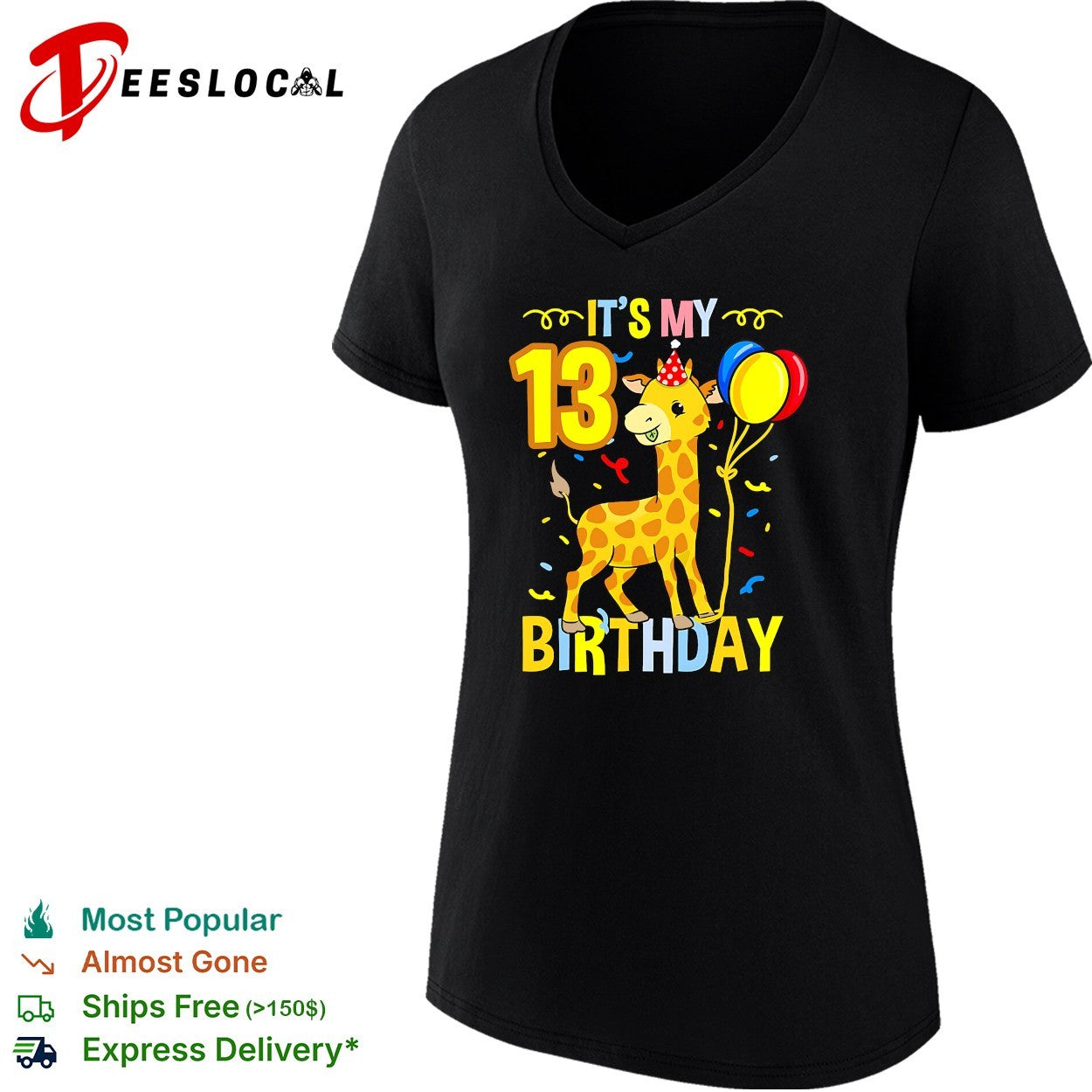 Giraffe wearing party hat holding balloons it’s my 13 birthday shirt