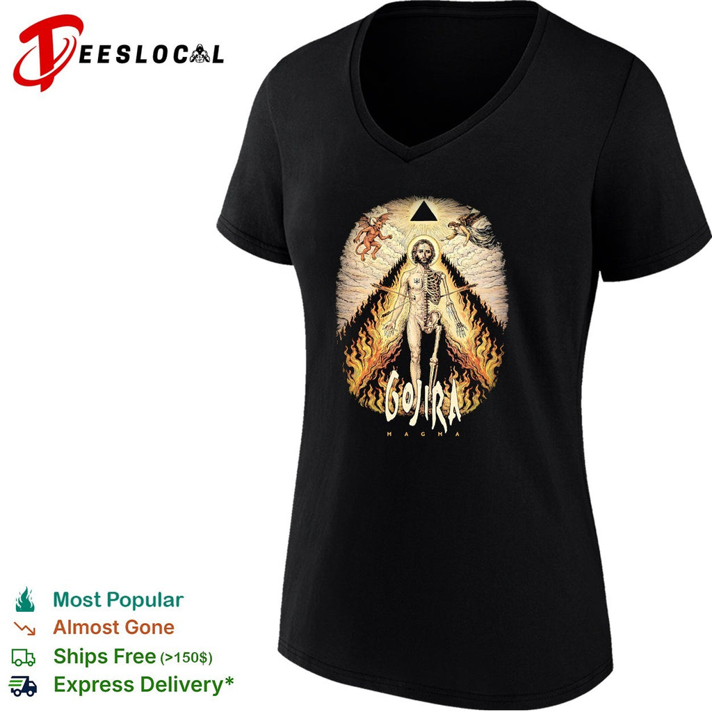 Gojira Magma half skeleton half human devil angel flames pyramid shirt