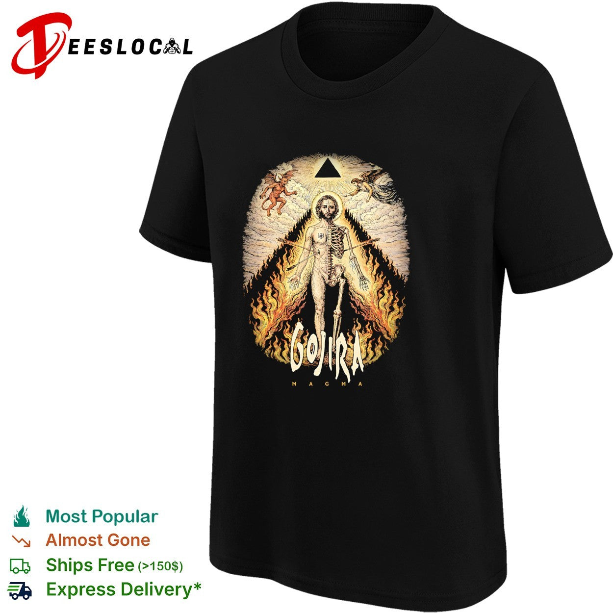 Gojira Magma half skeleton half human devil angel flames pyramid shirt