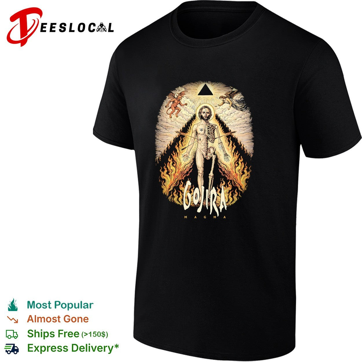Gojira Magma half skeleton half human devil angel flames pyramid shirt