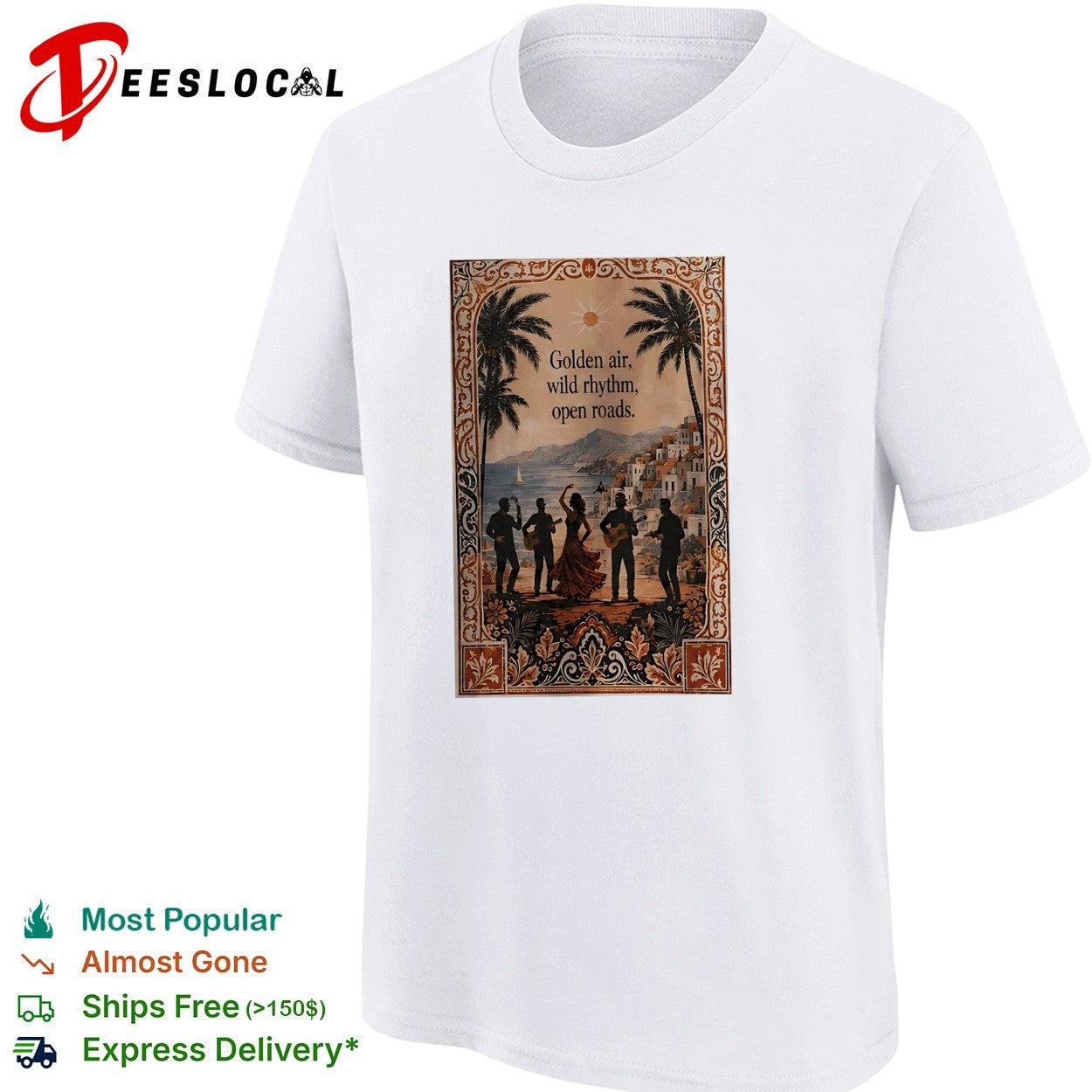 Golden air wild rhythm open roads flamenco dancers coastal village shirt
