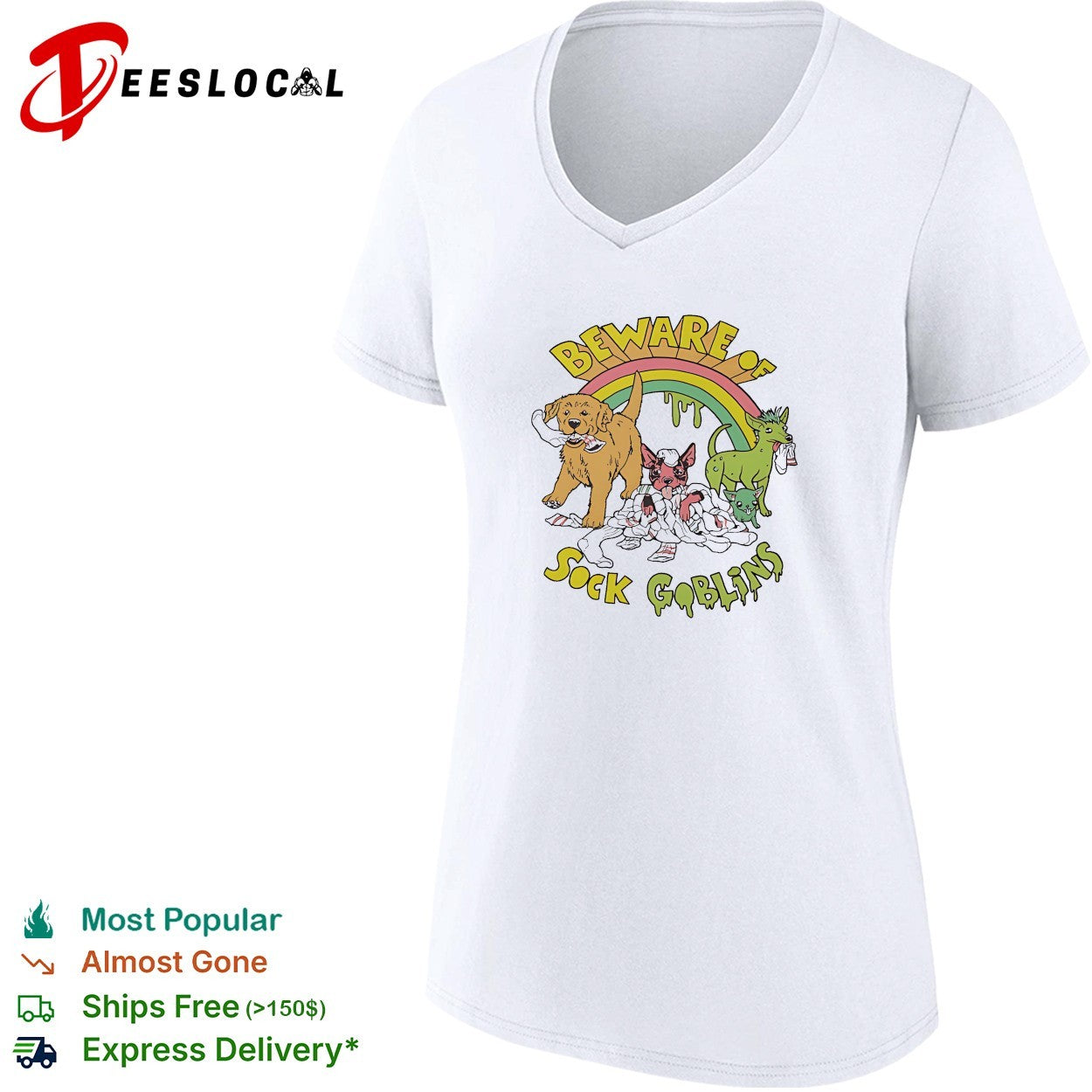 Golden retriever puppy and sock goblins beware rainbow shirt