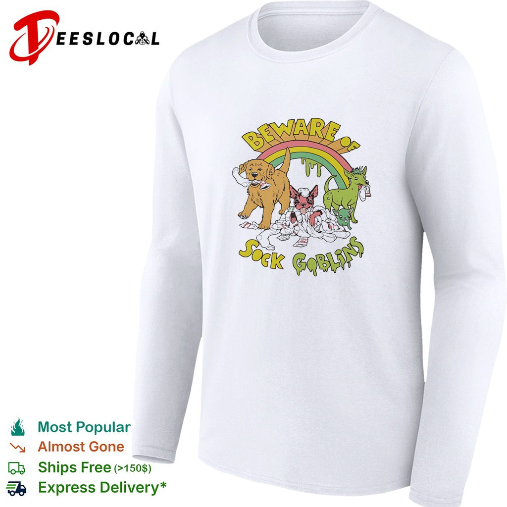 Golden retriever puppy and sock goblins beware rainbow shirt