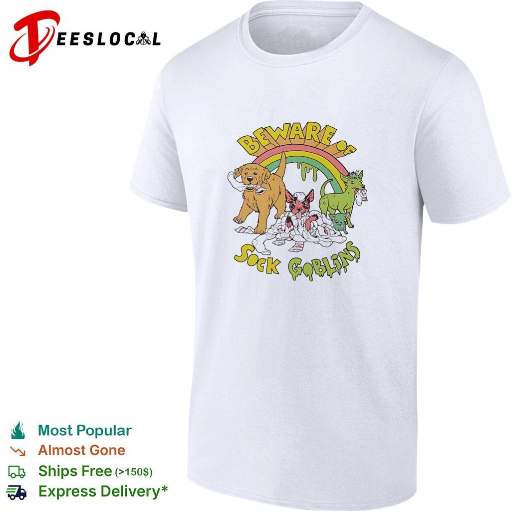 Golden retriever puppy and sock goblins beware rainbow shirt