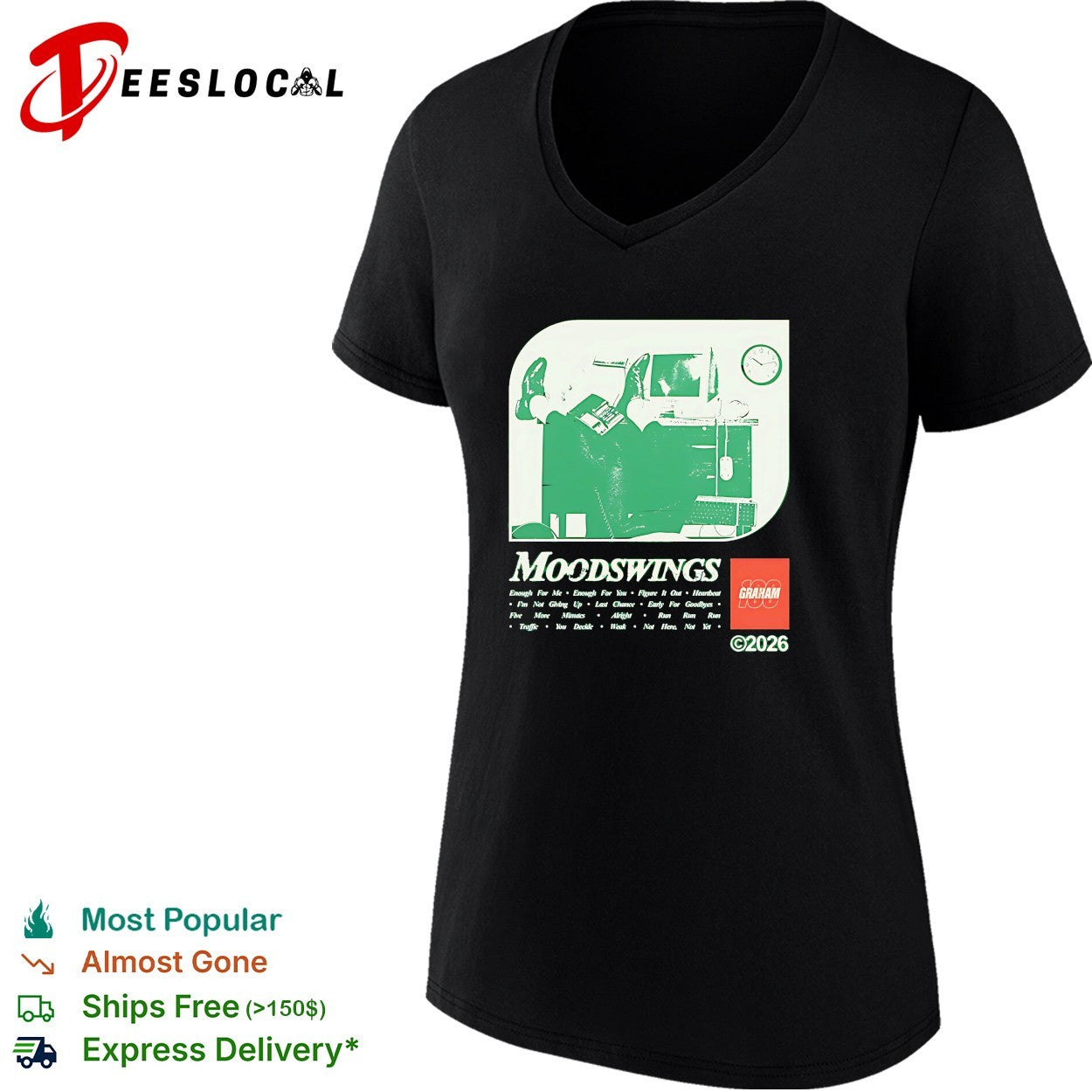 Graham Moodswings man resting legs on desk shirt