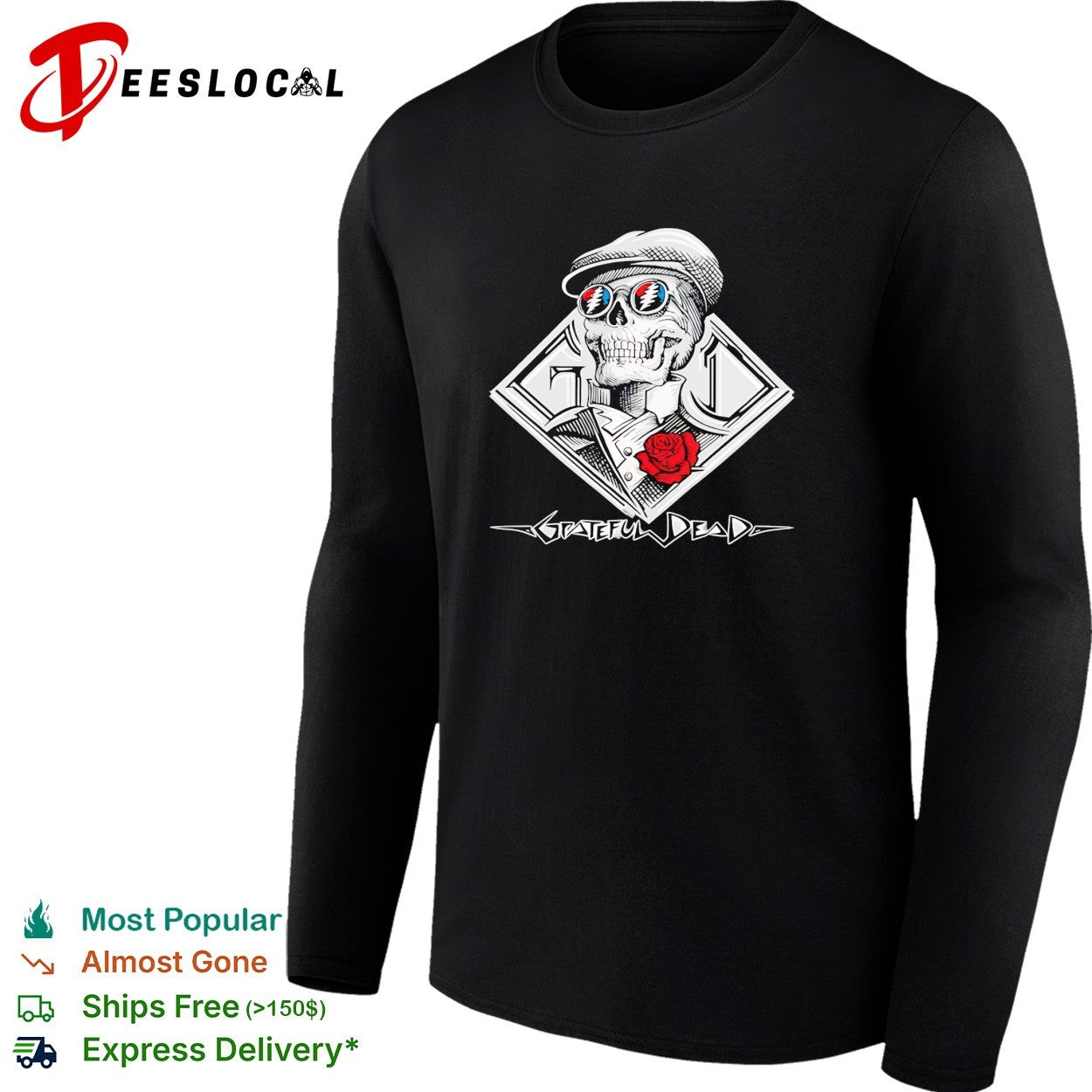 Grateful Dead skeleton skull wearing cap and sunglasses with red rose shirt