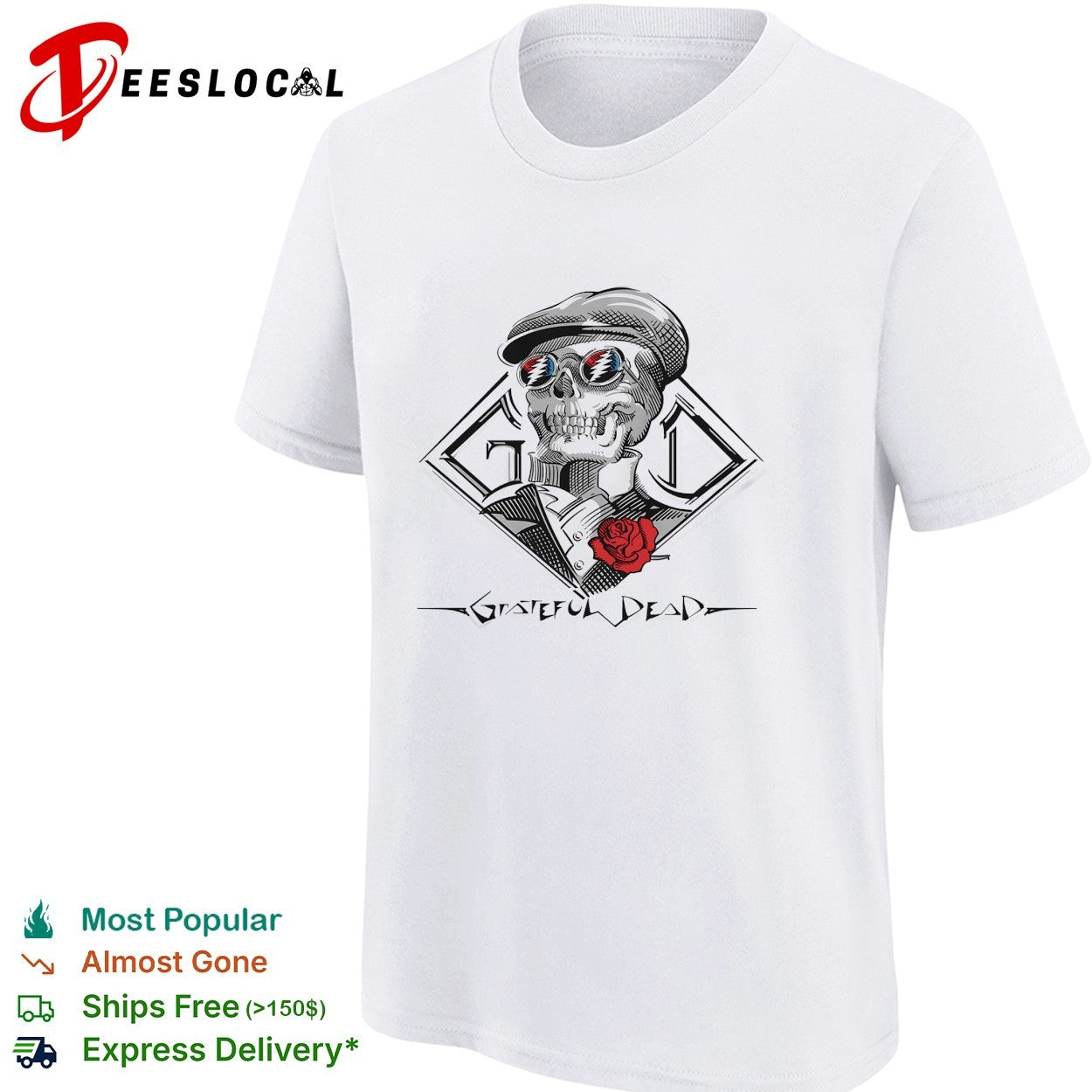 Grateful Dead skull with rose and sunglasses shirt