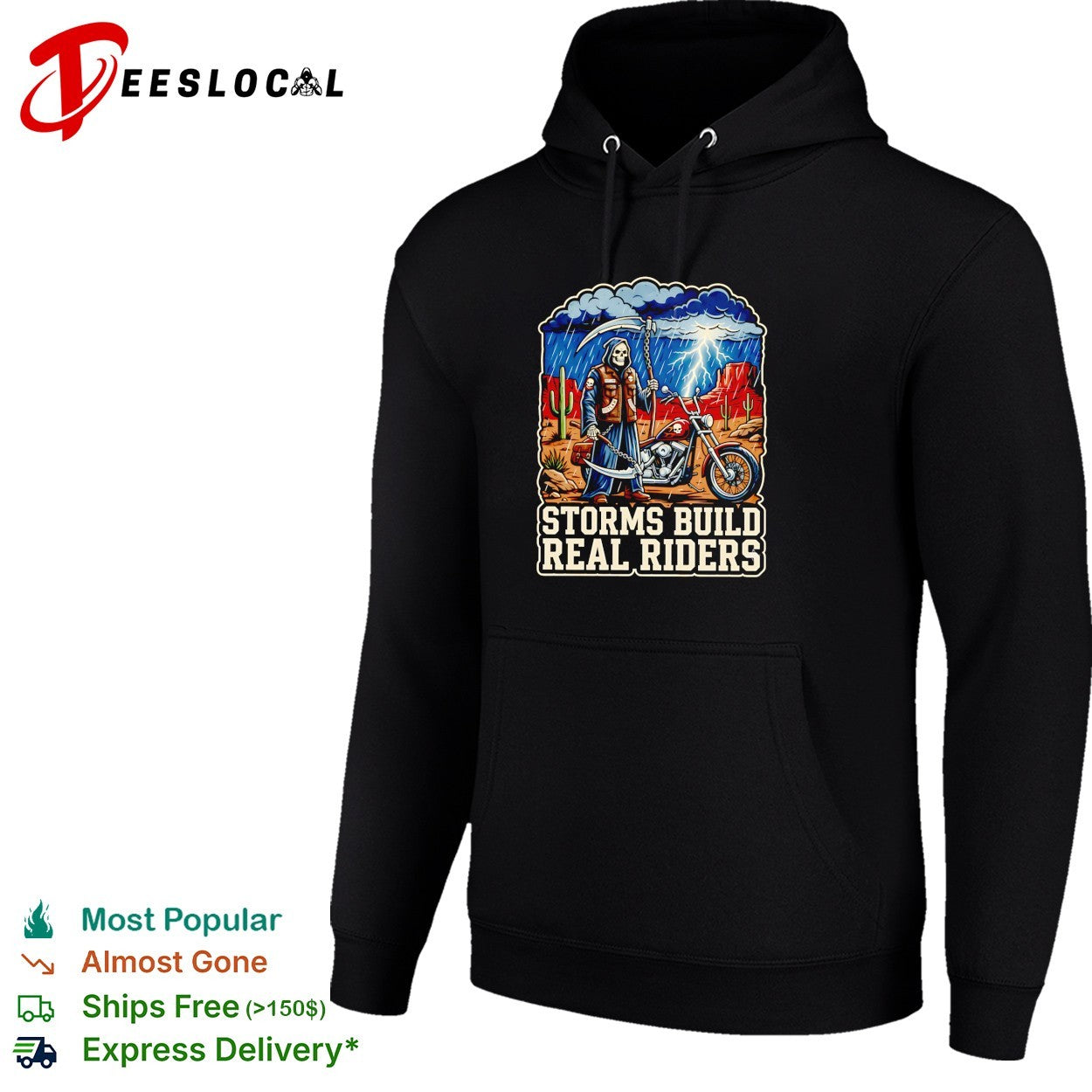 Grim reaper biker standing in storm motorcycle storms build real riders shirt