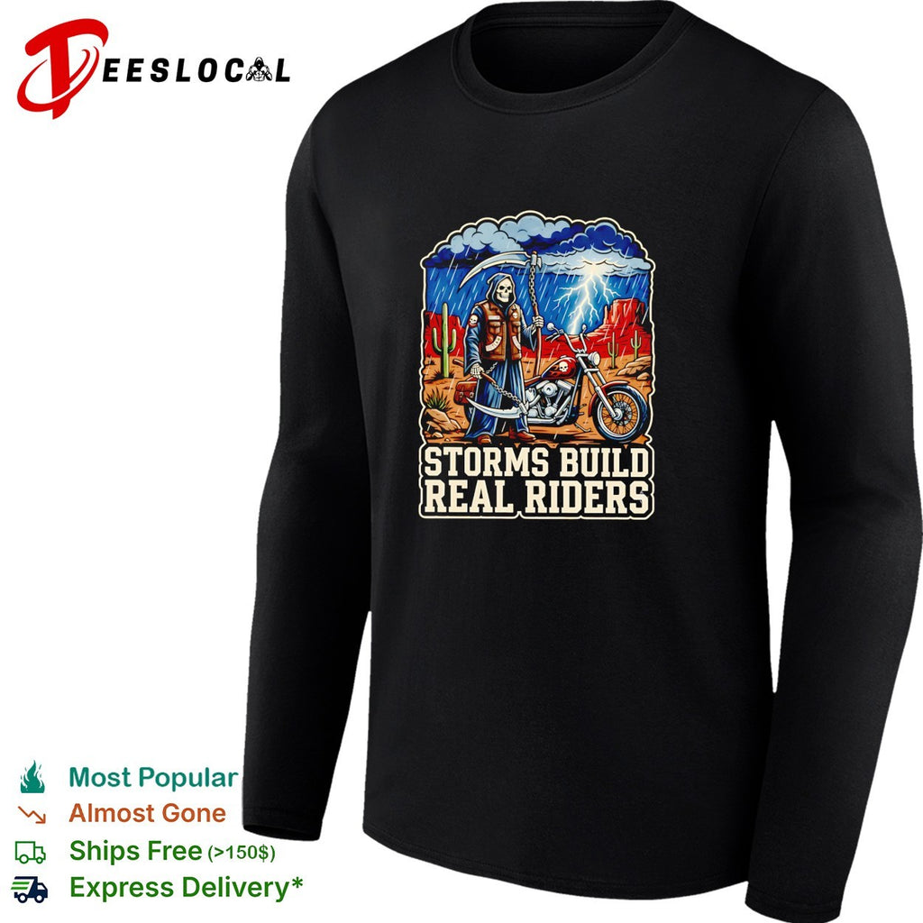 Grim reaper biker standing in storm motorcycle storms build real riders shirt