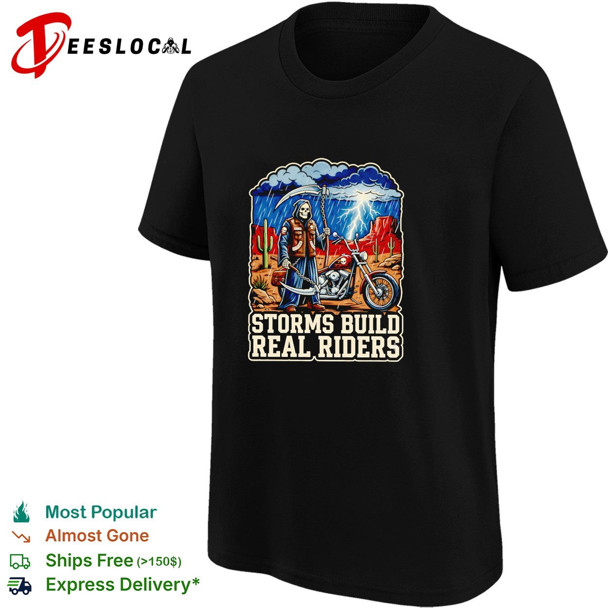 Grim reaper biker standing in storm motorcycle storms build real riders shirt