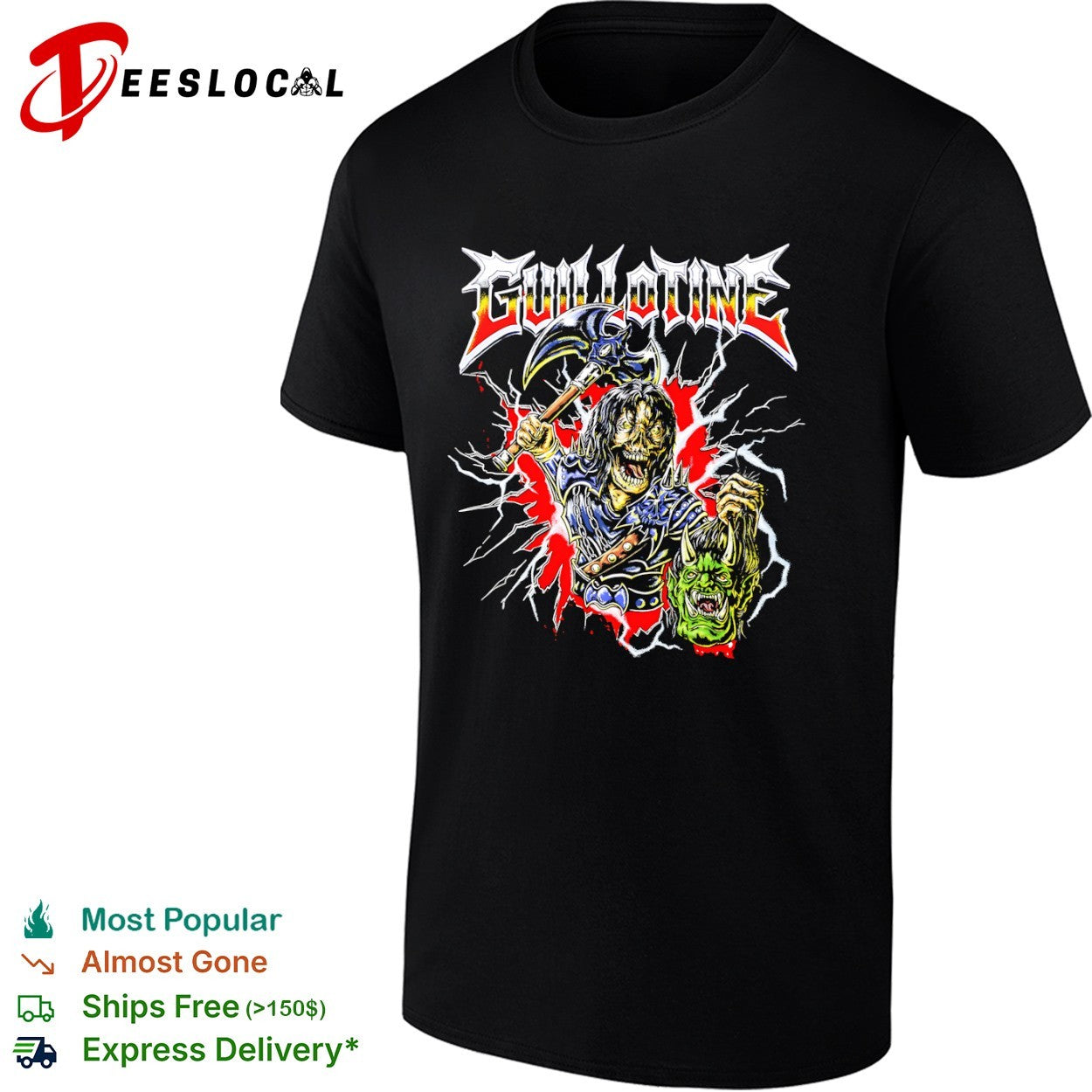 Guillotine Heavy Metal Skeleton Warrior with Orc Head Fantasy shirt