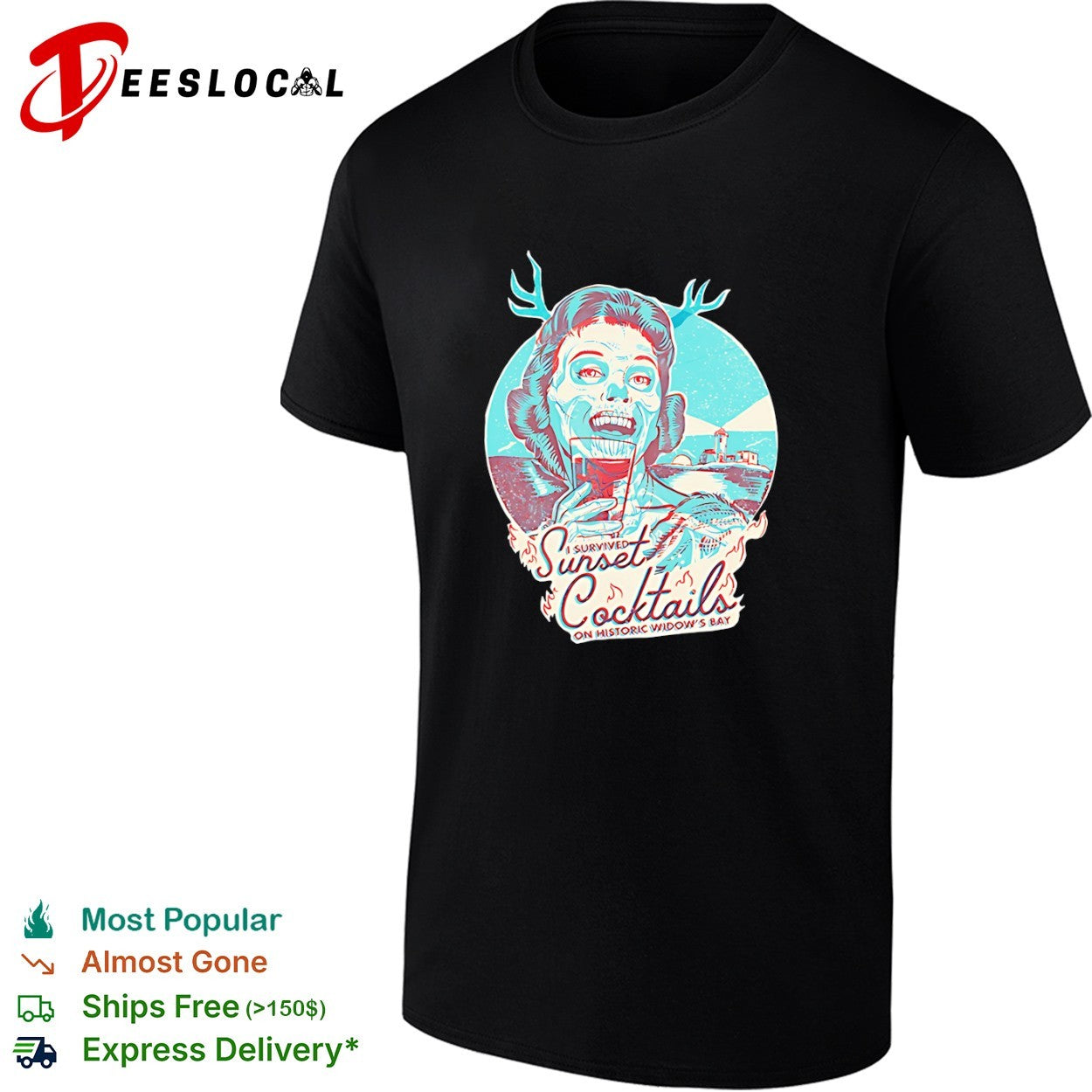 I Survived Sunset Cocktails on Historic Widows Bay Antler Skull shirt