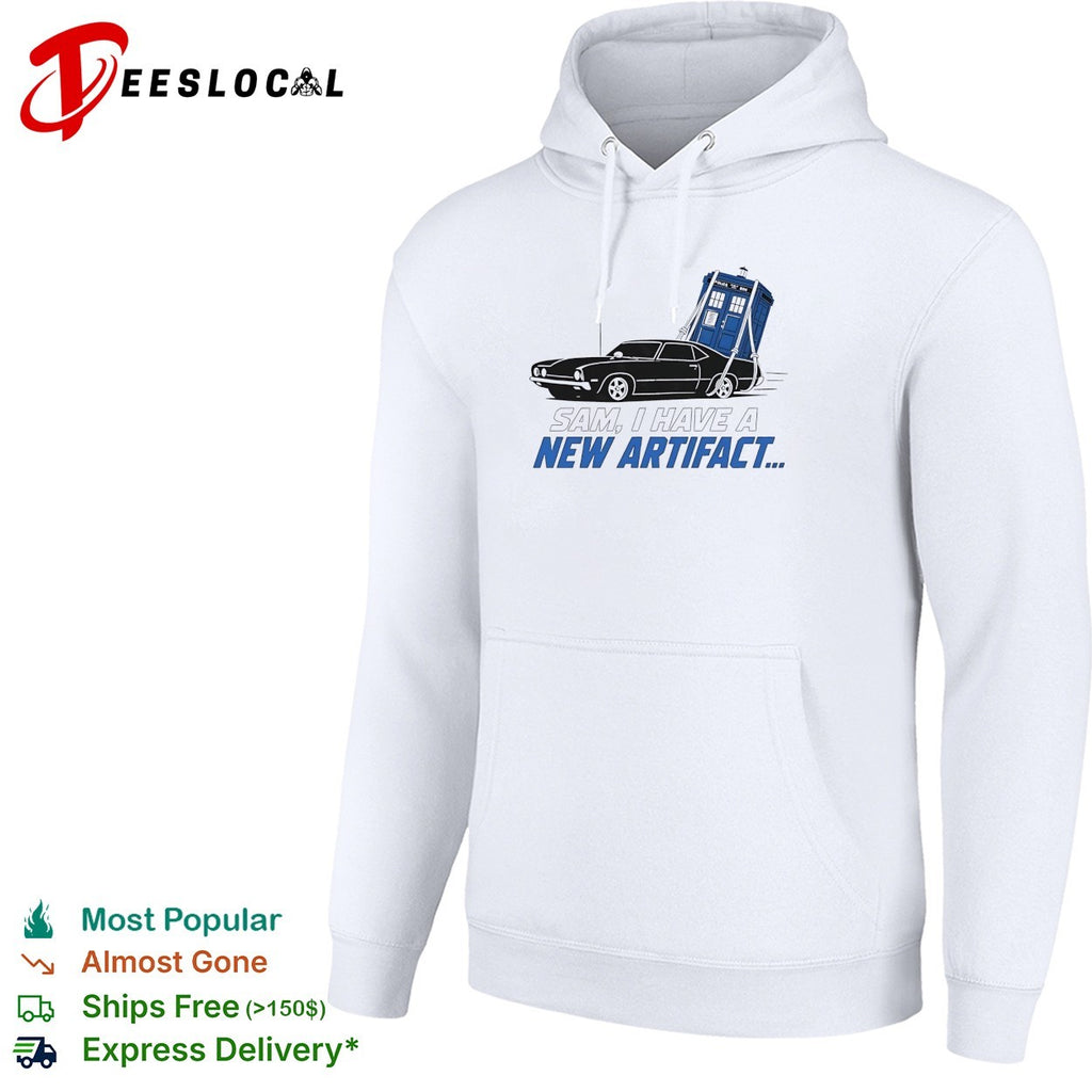 Impala towing TARDIS Sam I have a new artifact Supernatural Doctor Who shirt