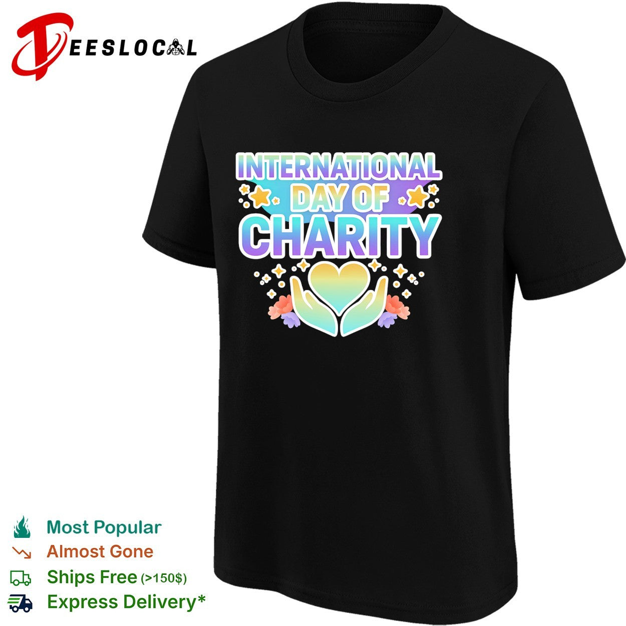 International day of charity hands holding heart flowers shirt