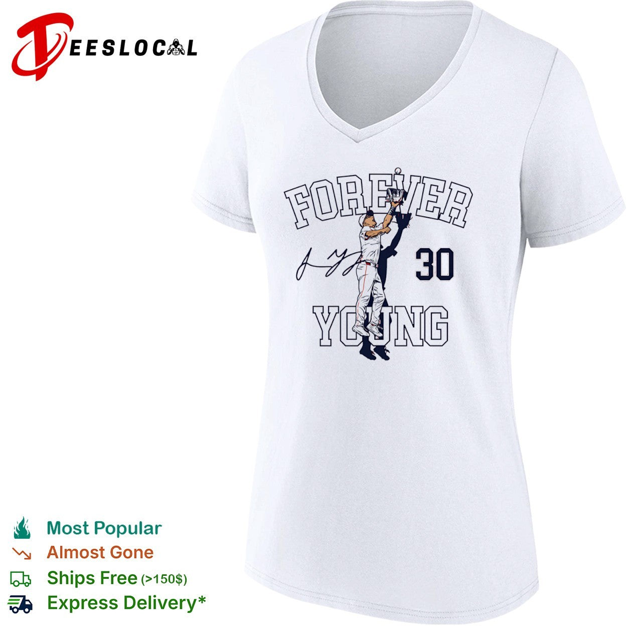 Jacob Young jumping 30 forever young Washington Nationals shirt