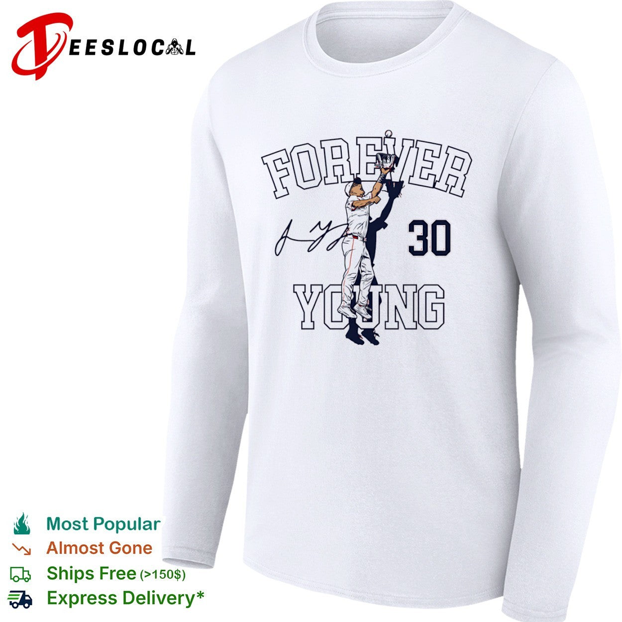Jacob Young jumping 30 forever young Washington Nationals shirt