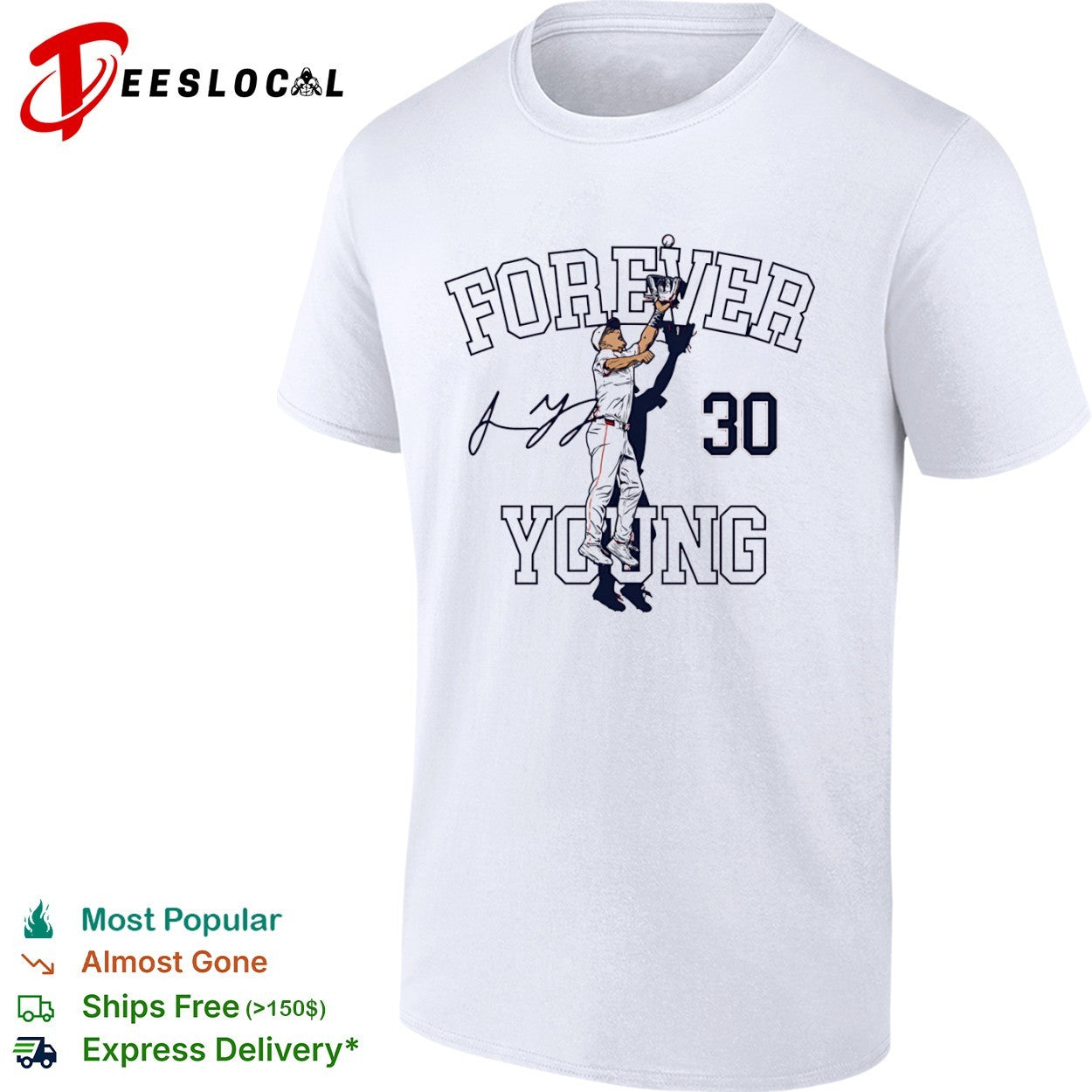 Jacob Young jumping 30 forever young Washington Nationals shirt