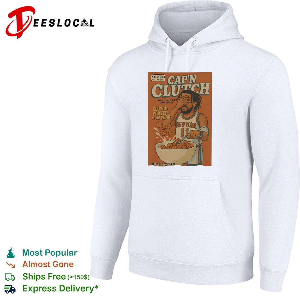 Jalen Brunson Knicks Cap’n Clutch GOAT cereal box parody shirt