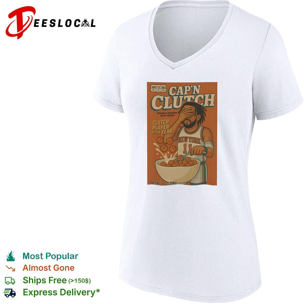 Jalen Brunson Knicks Cap’n Clutch GOAT cereal box parody shirt