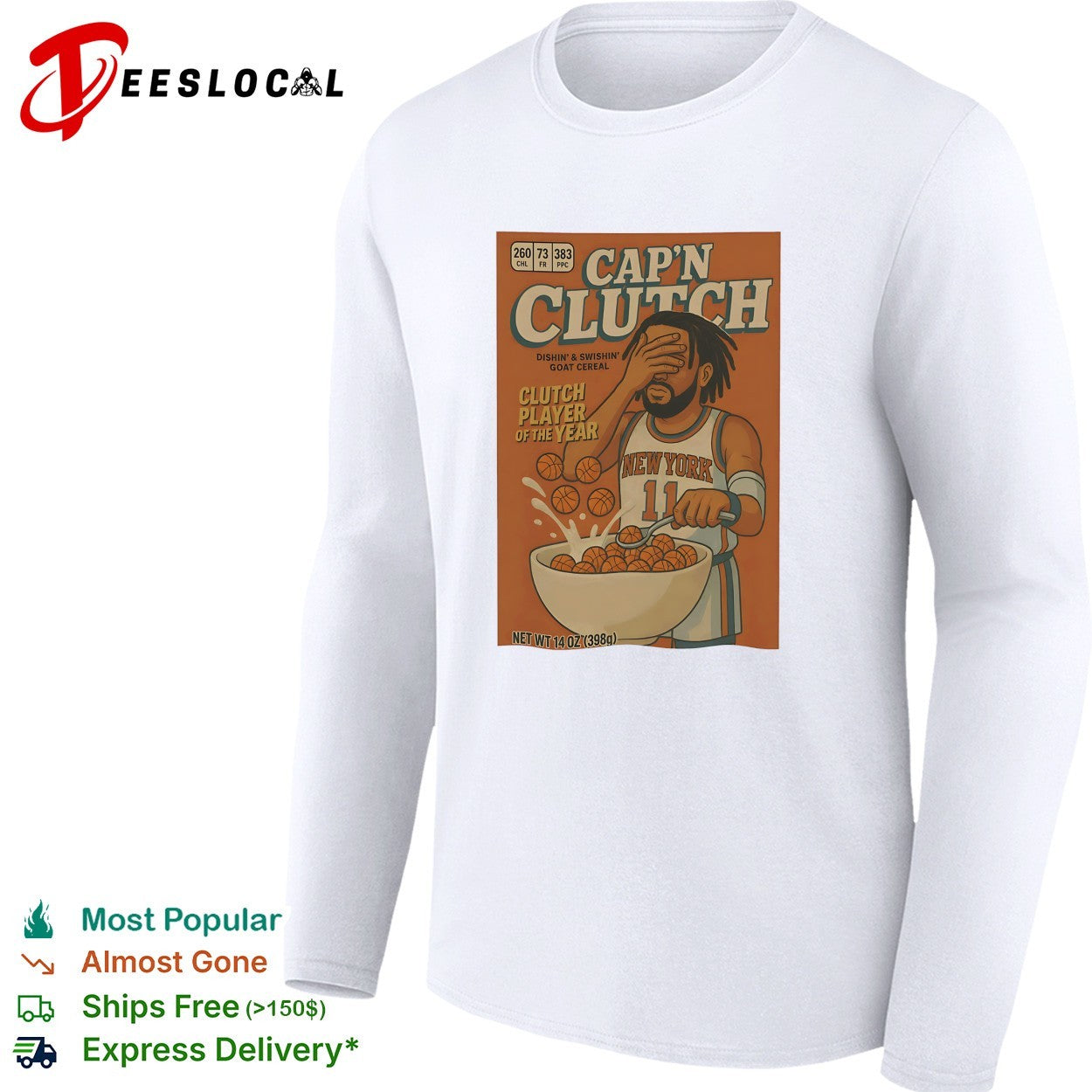 Jalen Brunson Knicks Cap’n Clutch GOAT cereal box parody shirt