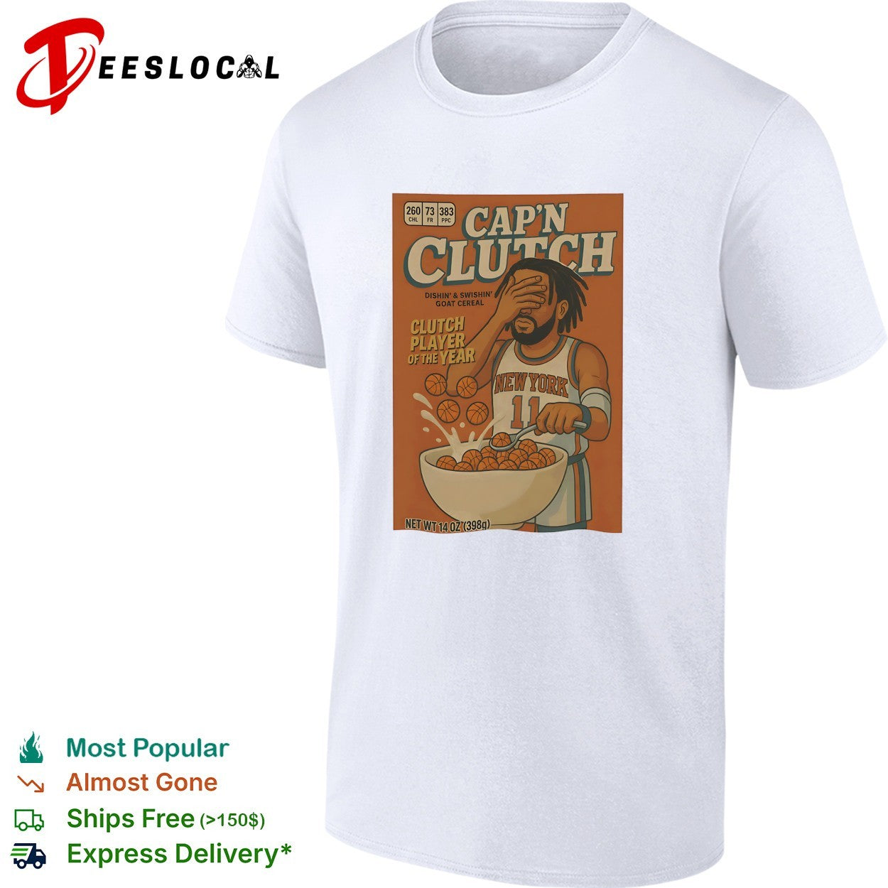 Jalen Brunson Knicks Cap’n Clutch GOAT cereal box parody shirt