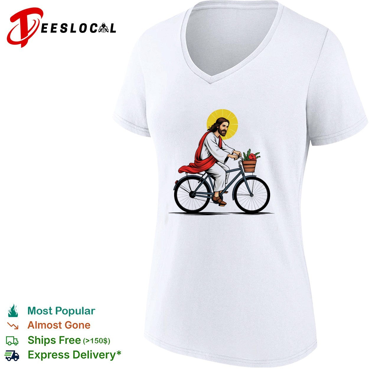 Jesus Christ riding bicycle with flower basket and halo shirt
