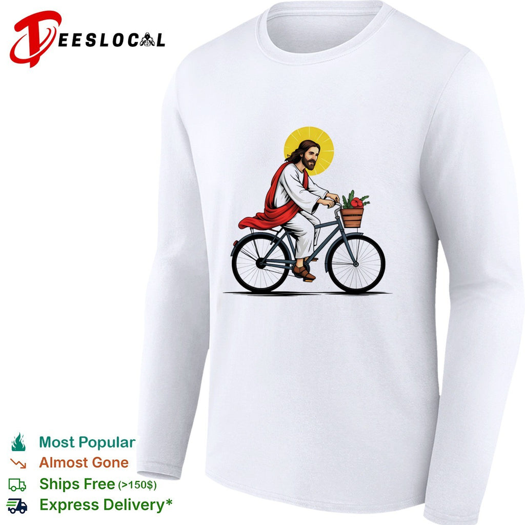 Jesus Christ riding bicycle with flower basket and halo shirt