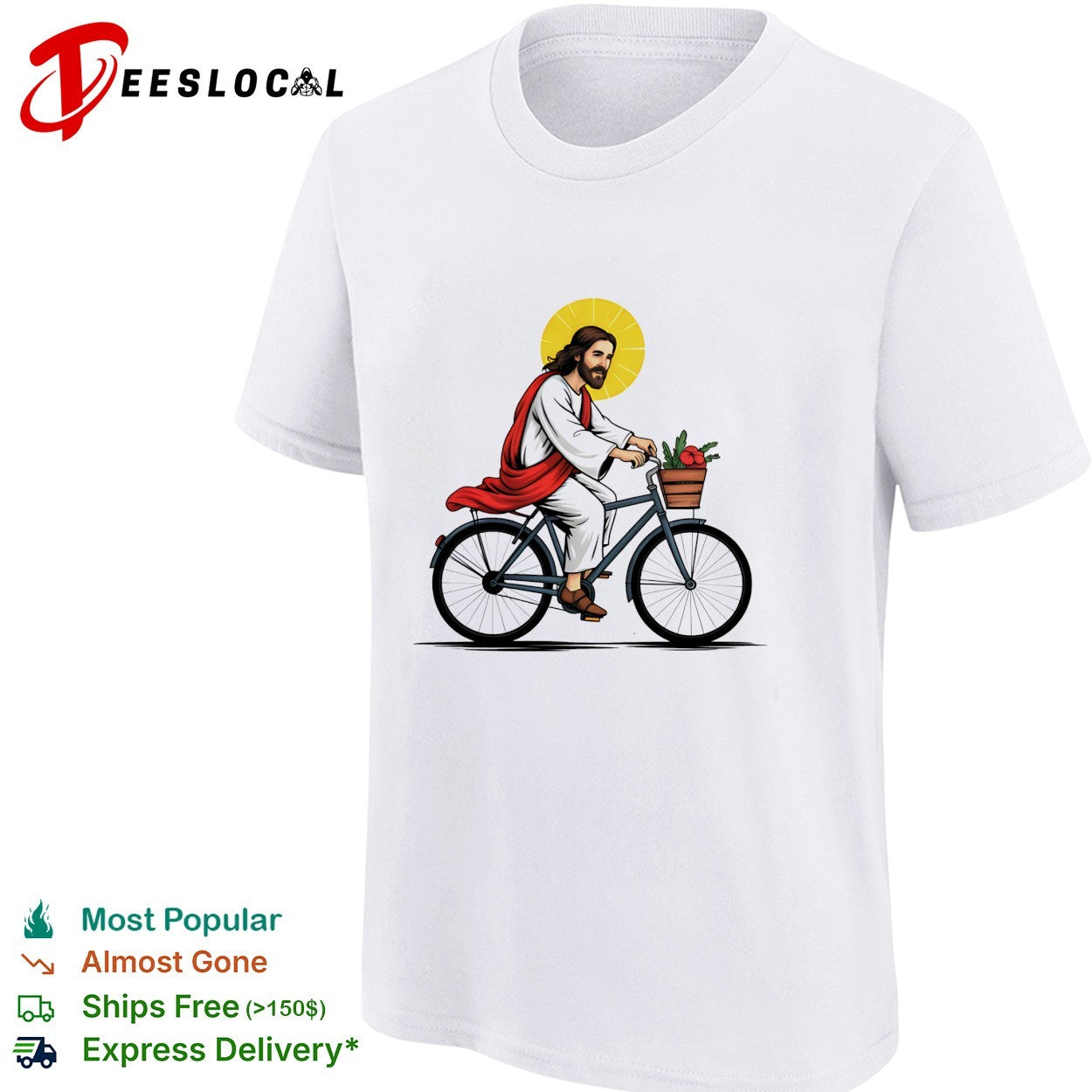 Jesus Christ riding bicycle with flower basket and halo shirt