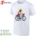 Jesus Christ riding bicycle with flower basket and halo shirt