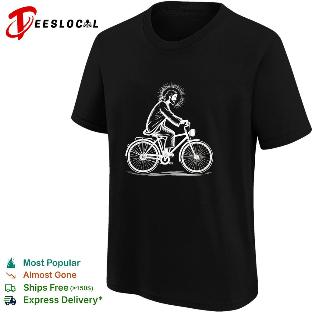 Jesus Christ riding bicycle with halo line art shirt