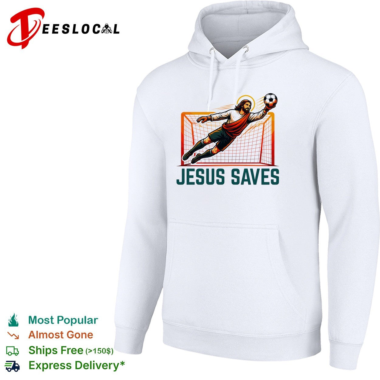 Jesus diving catching soccer ball Jesus saves shirt