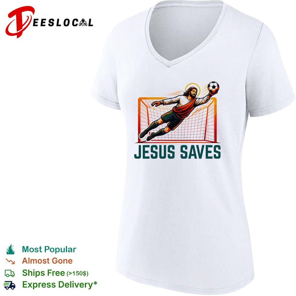 Jesus diving catching soccer ball Jesus saves shirt