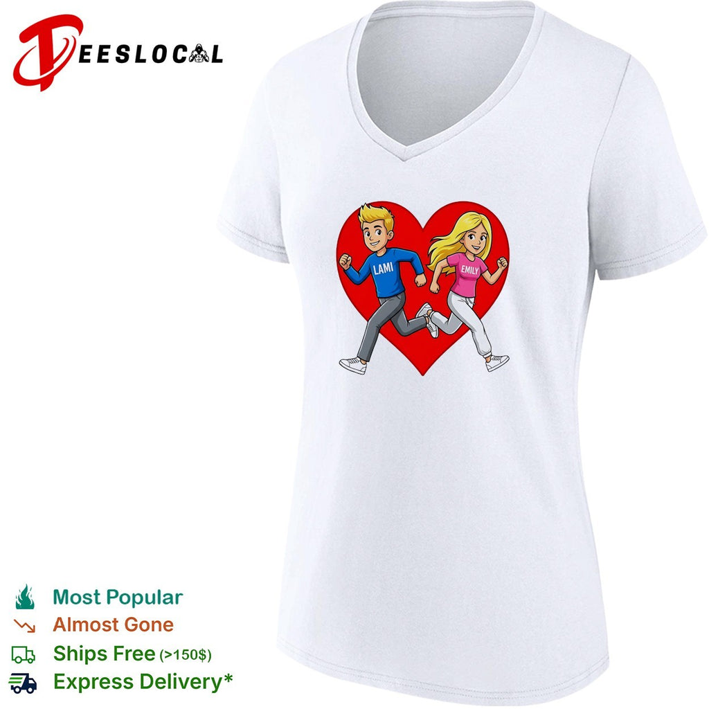 Lami and Emily cartoon couple running heart shirt