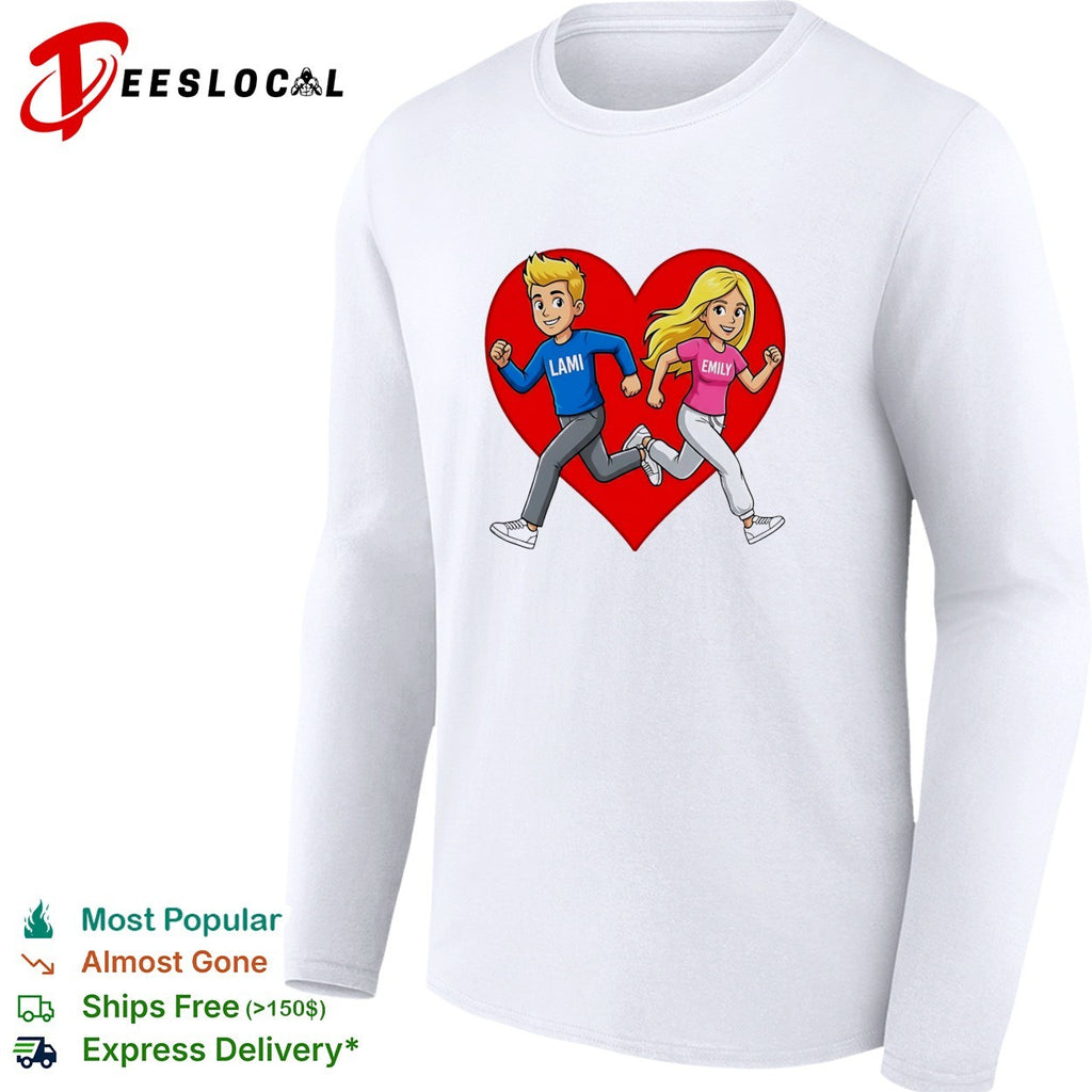 Lami and Emily cartoon couple running heart shirt