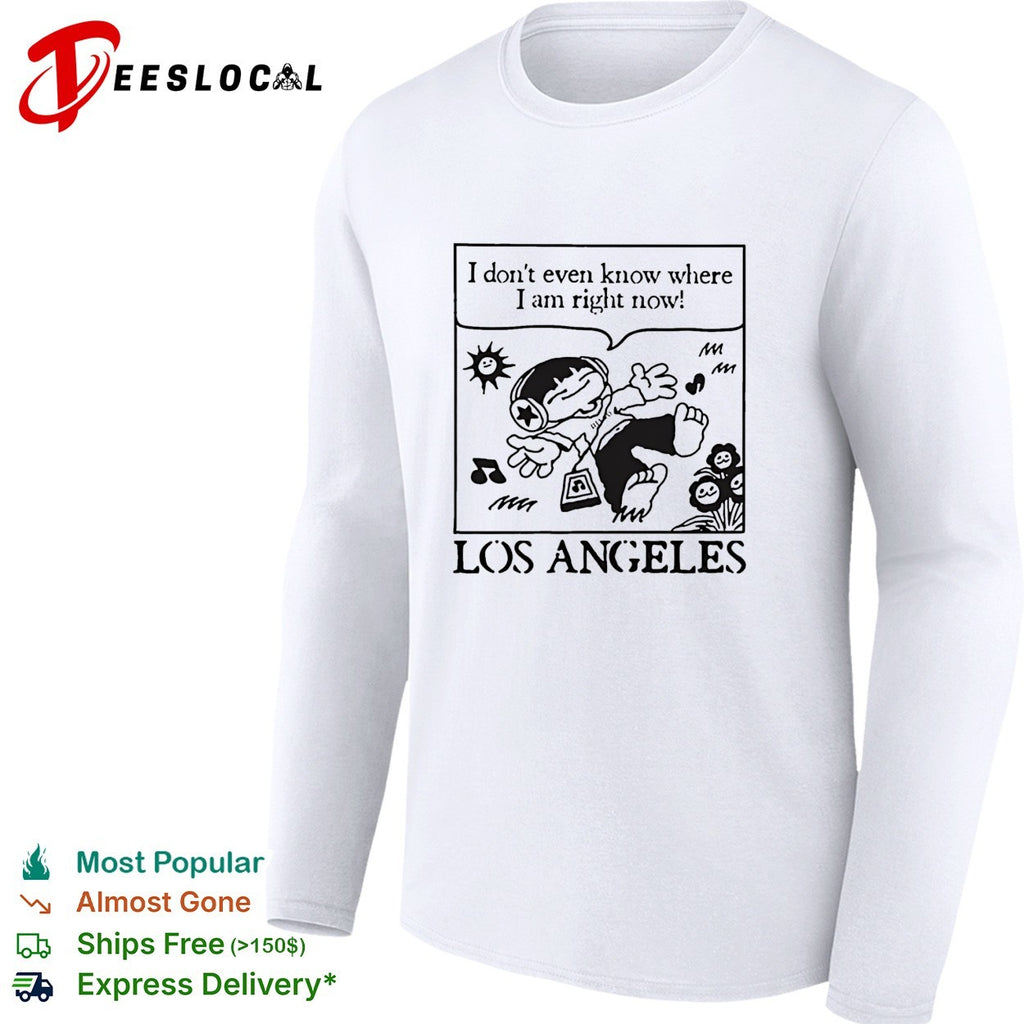 Los Angeles cartoon kid floating headphones I don’t even know where I am shirt