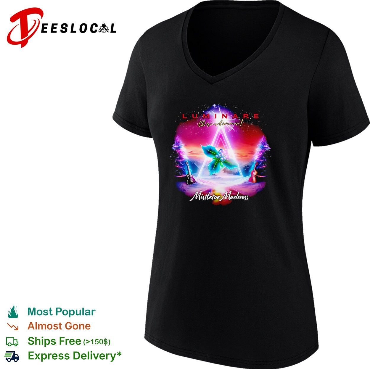 Luminare Christmas Mistletoe Madness guitar violin neon triangle shirt